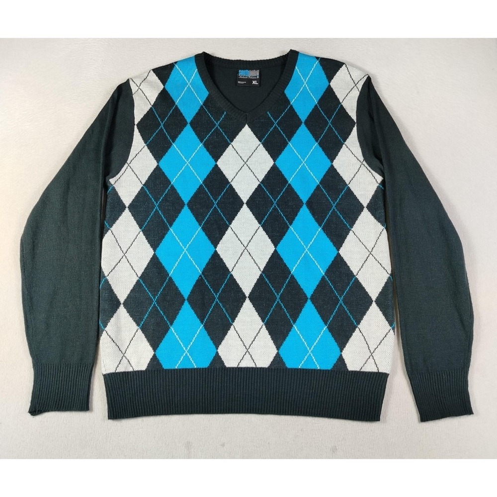 Vintage Southpole Sweater Mens XL Gray Blue Argyle V Neck Pullover Knit Preppy